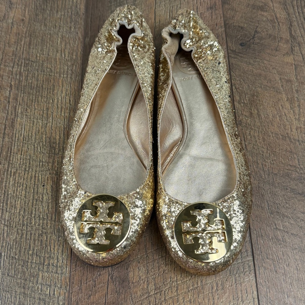 Tory Burch Reva Gold Glitter Ballet Flat Double T Medallion Size 8